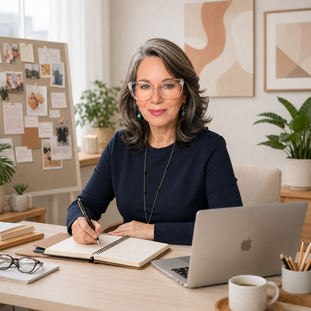 Vânia Távora escrevendo em seu escritório